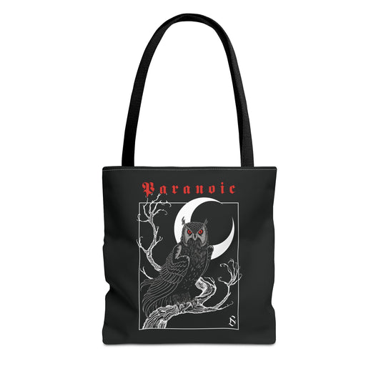 Front view of black Owl by D.S. Gargots tote bag