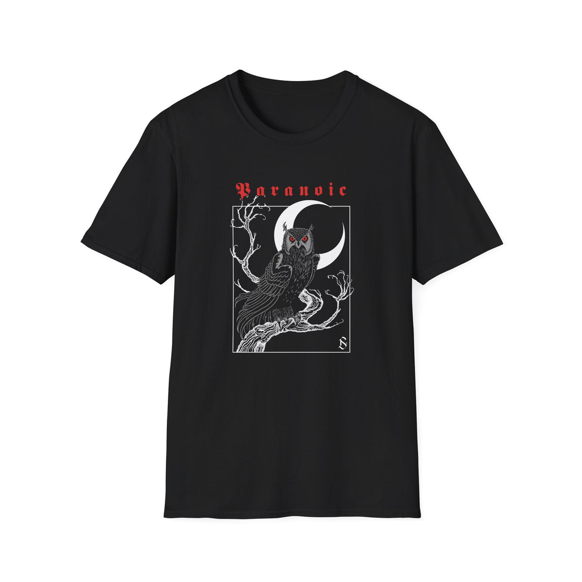 Folded black Owl by D.S. Gargots unisex T-shirt showing the printed artwork