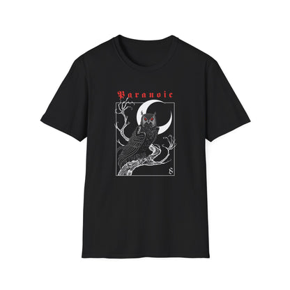 Folded black Owl by D.S. Gargots unisex T-shirt showing the printed artwork