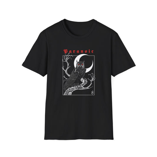 Folded black Owl by D.S. Gargots unisex T-shirt showing the printed artwork