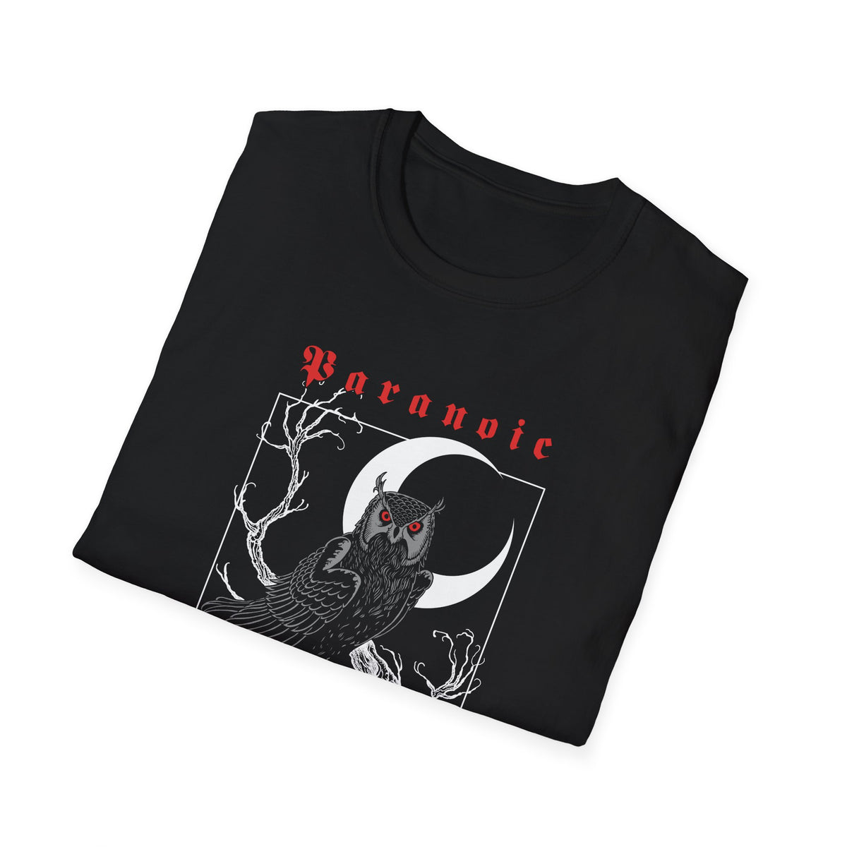 Folded black Owl by D.S. Gargots unisex T-shirt showing the printed artwork