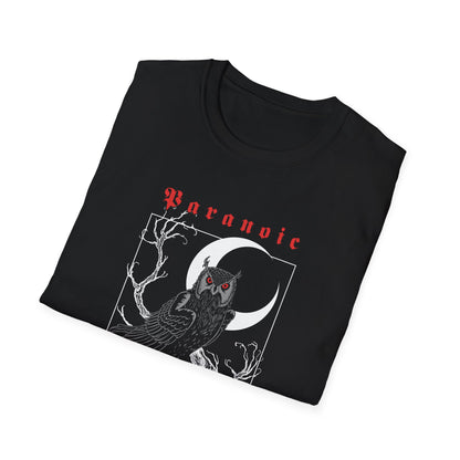 Folded black Owl by D.S. Gargots unisex T-shirt showing the printed artwork