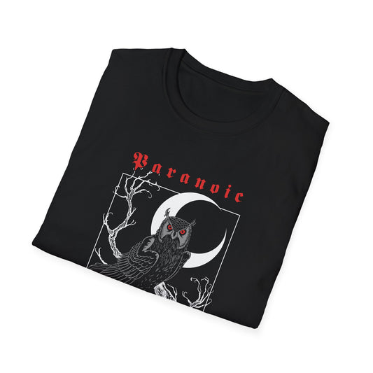 Folded black Owl by D.S. Gargots unisex T-shirt showing the printed artwork