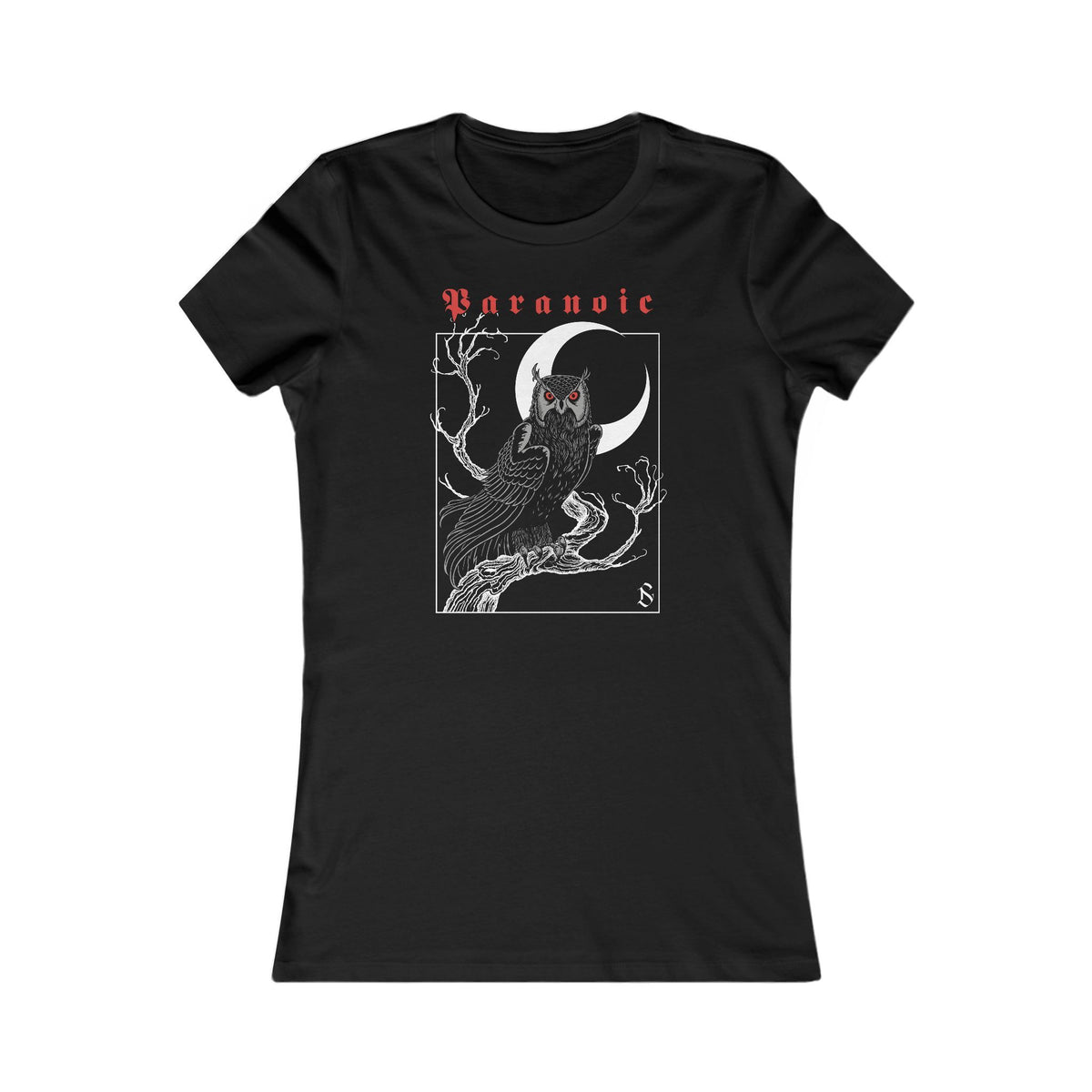 Black fitted women's T-shirt with owl and moon artwork by D.S. Gargots, front view