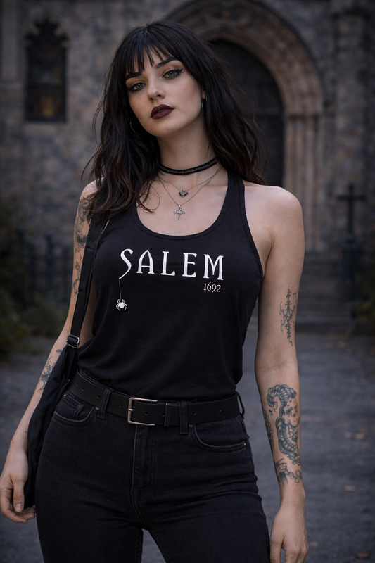 Woman wearing the black Salem Witch fitted racerback tank top