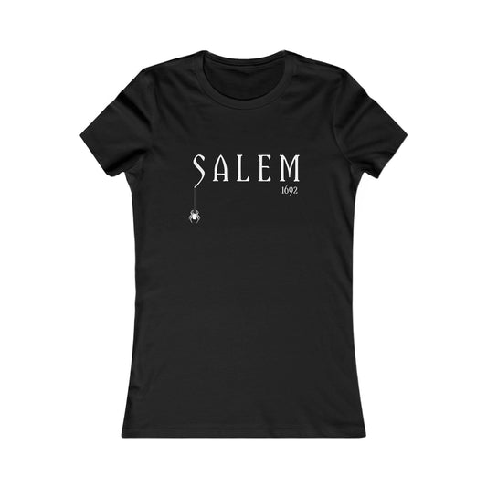 Black fitted women's T-shirt with Salem text graphic, front view
