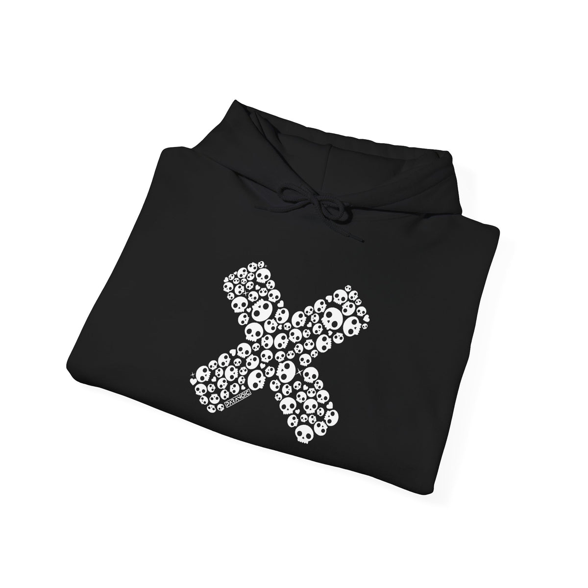 Folded black Skull Cross hoodie showing the printed design
