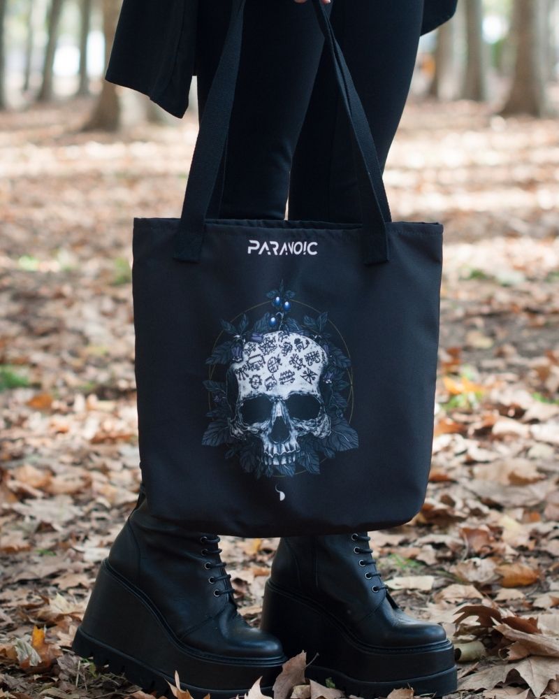 Front view of black Skull by D.S. Gargots tote bag