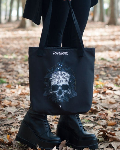 Front view of black Skull by D.S. Gargots tote bag