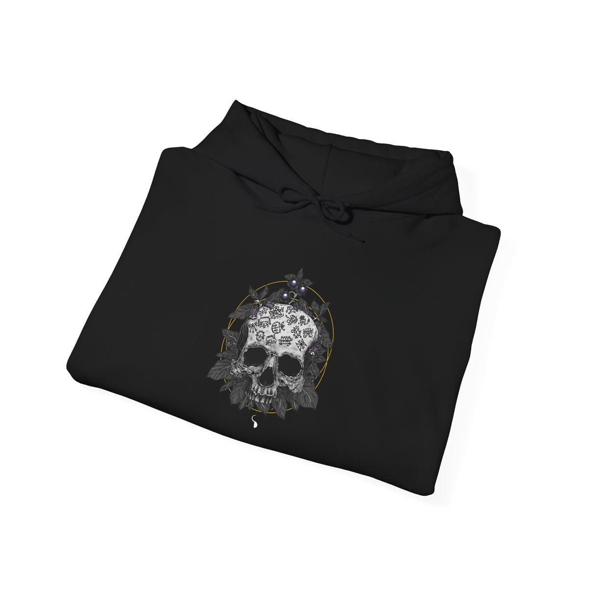 Folded black Skull by D.S. Gargots hoodie showing the printed artwork