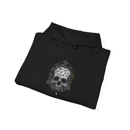 Folded black Skull by D.S. Gargots hoodie showing the printed artwork