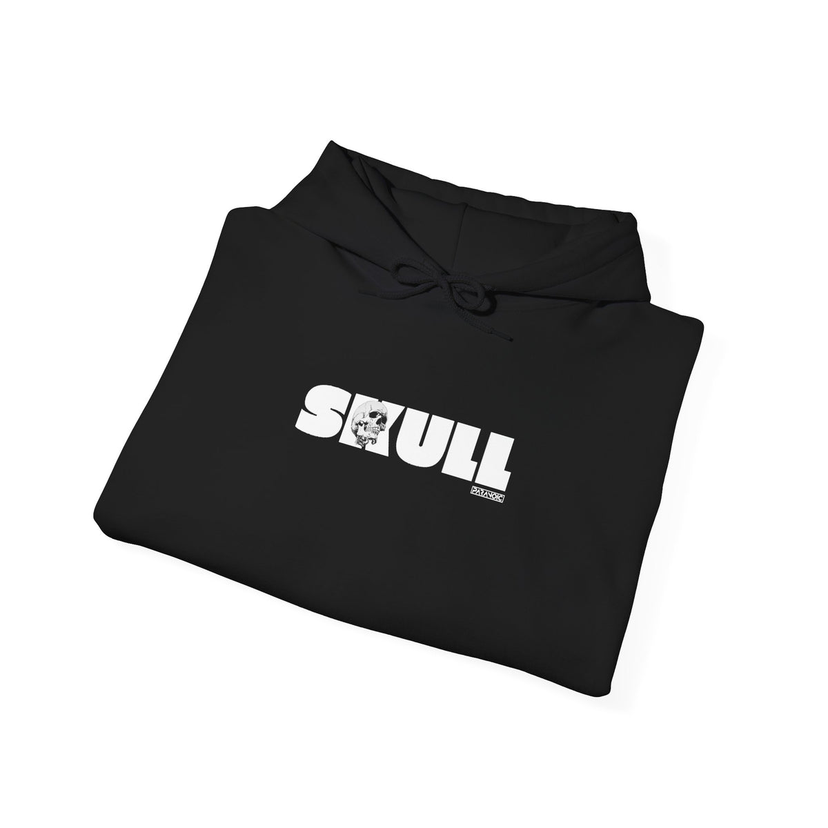Folded black Skull hoodie showing the printed design
