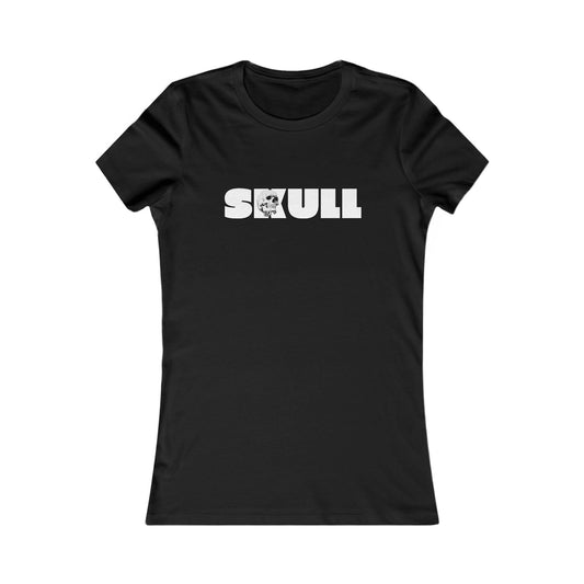 Black fitted women's T-shirt with gothic skull graphic, front view
