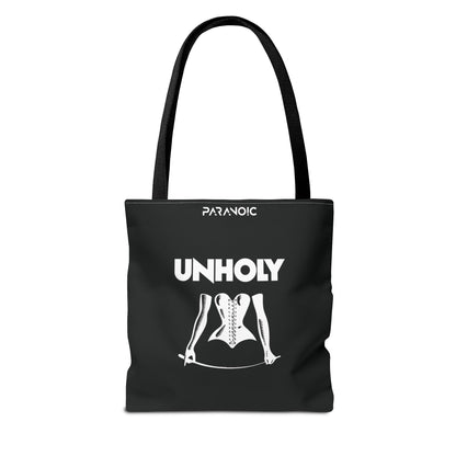 Back view of black Unholy tote bag