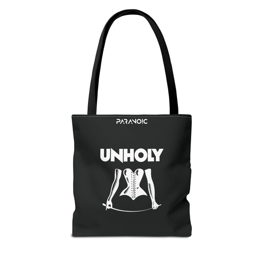 Back view of black Unholy tote bag