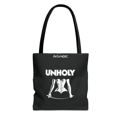 Front view of black Unholy tote bag