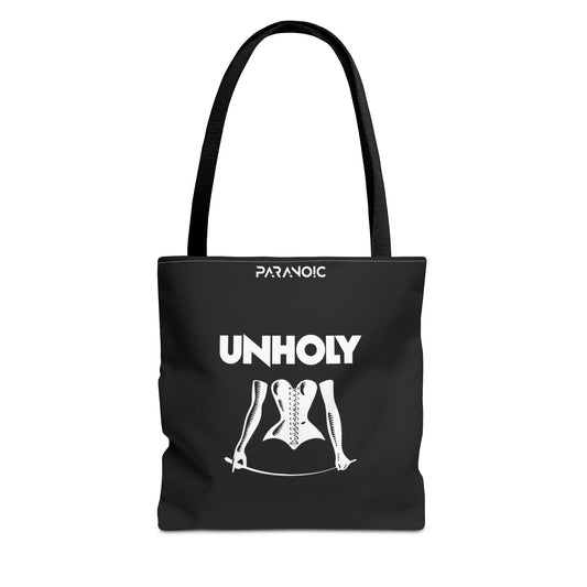 Front view of black Unholy tote bag