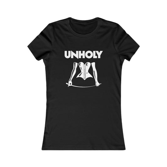 Black fitted women's T-shirt with Unholy occult graphic, front view