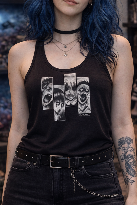 Woman wearing the black Zombie Horror fitted racerback tank top

