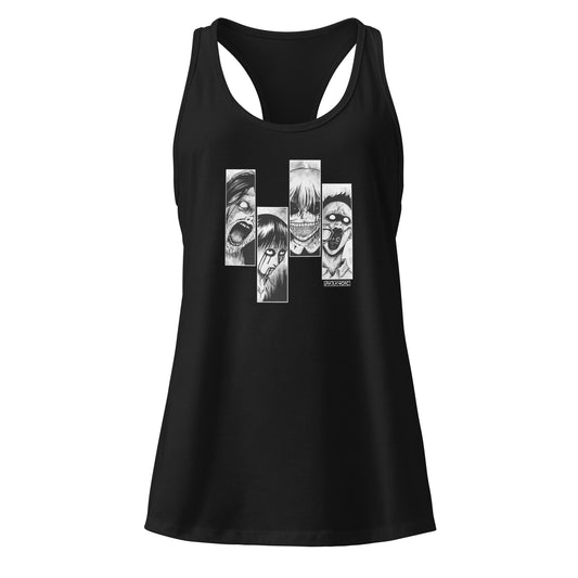Front view of the black women’s racerback tank top with Zombie Horror graphic