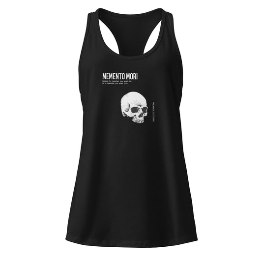 Front view of the black Memento Mori women’s racerback tank top