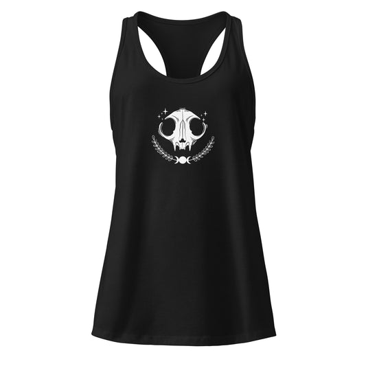 Black fitted women’s racerback tank top with Occult Cat graphic on the front