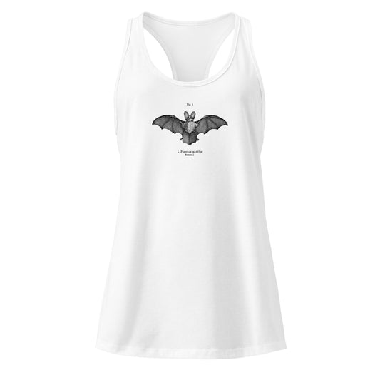 Front view of the black women’s racerback tank top with Bat graphic