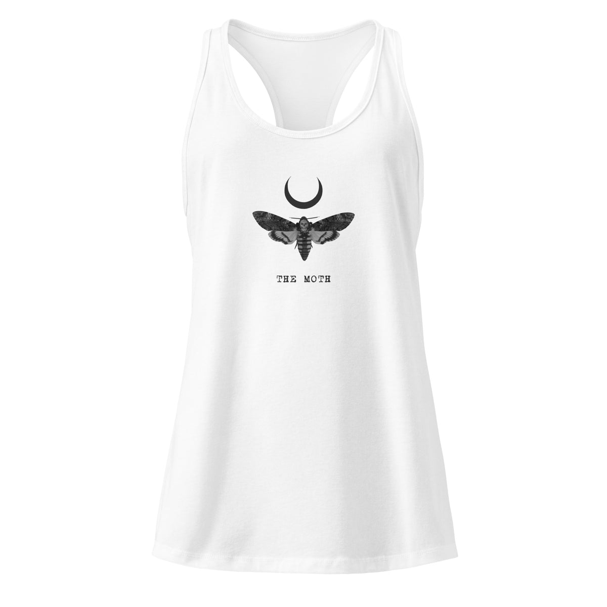 Front view of the black women’s racerback tank top with Moth graphic